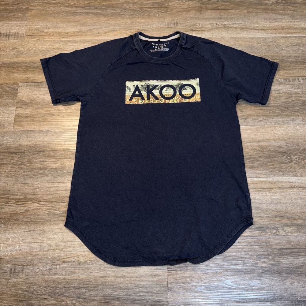 AKOO Clothing Shirt Mens Extra Large Blue Short Sleeve Graphic Logo Spell Out